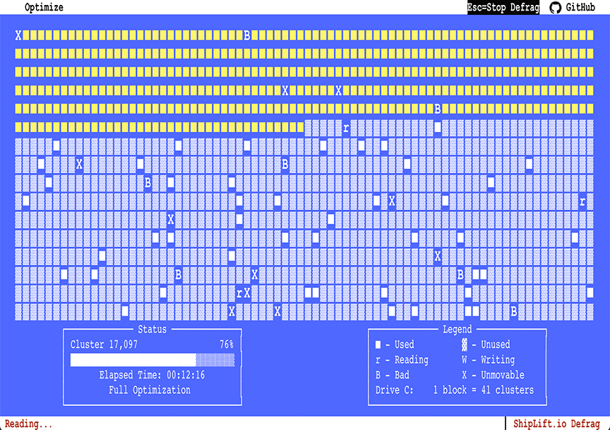 An HTML reproduction of the Text Based UI (TUI) of the MS-DOS Defrag command. It's made up of a selection of ASCII box characters to show sections of the disk that are used/unused. Other characters are used to denote status of disk blocks: r for reading, W for writing, B for bad and X for unmovable.