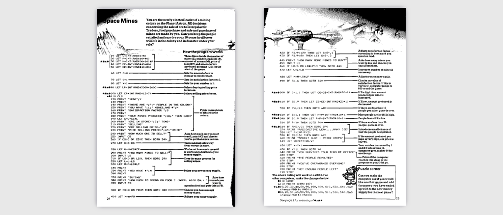 Space Mines BASIC source code listing in Usborne Computer Space Games book