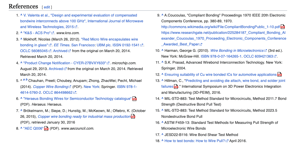 Screenshot of a Wikipedia page showing its references, all external links have an icon next to them showing they are external in nature.