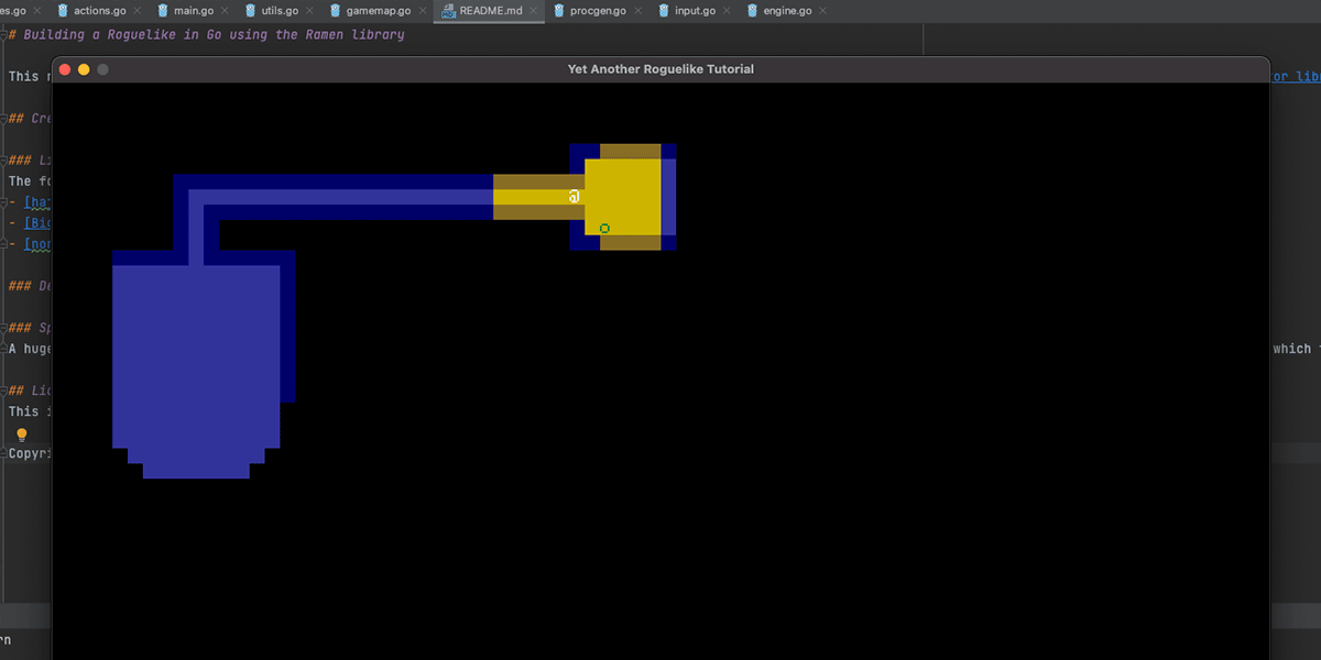 ASCII Roguelike game showing the players @ about to enter a room with an Orc in it.