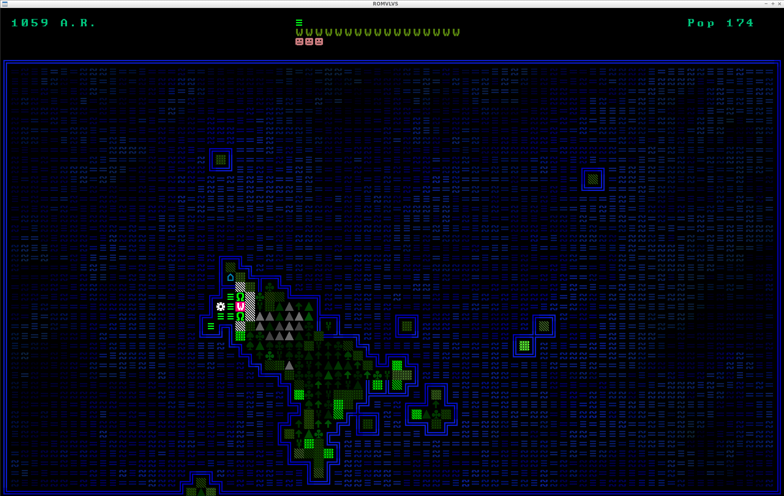 ROMVLVS: Text mode ASCII interface showing a green island in a sea of blue.