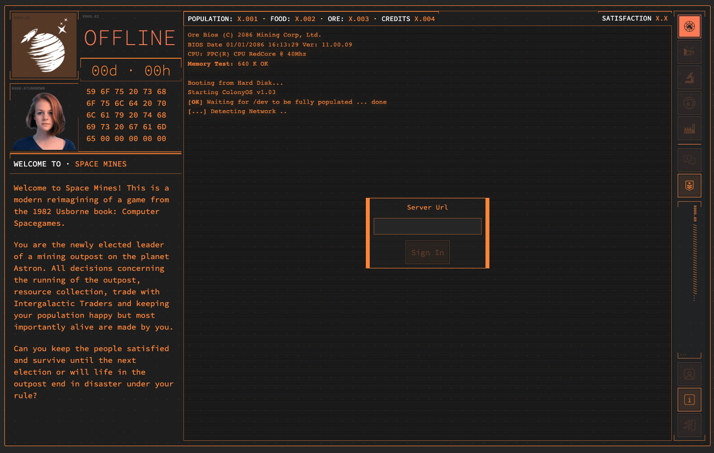 Space Mines user interface, its retro future in design and shaded in amber.