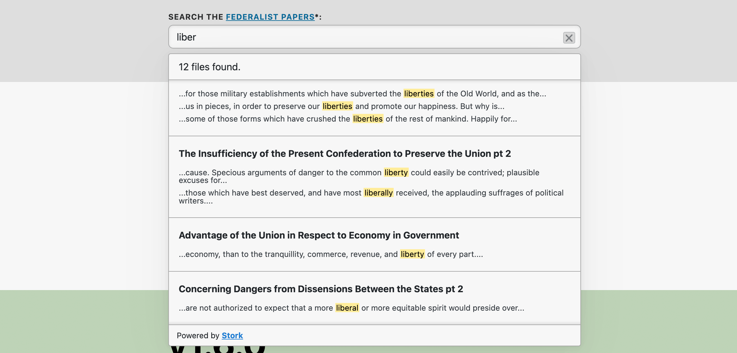 Search interface showing a scrollable pop down display of search results. Each result is shown as the page title and the appropriate excerpt with the search term highlighted.