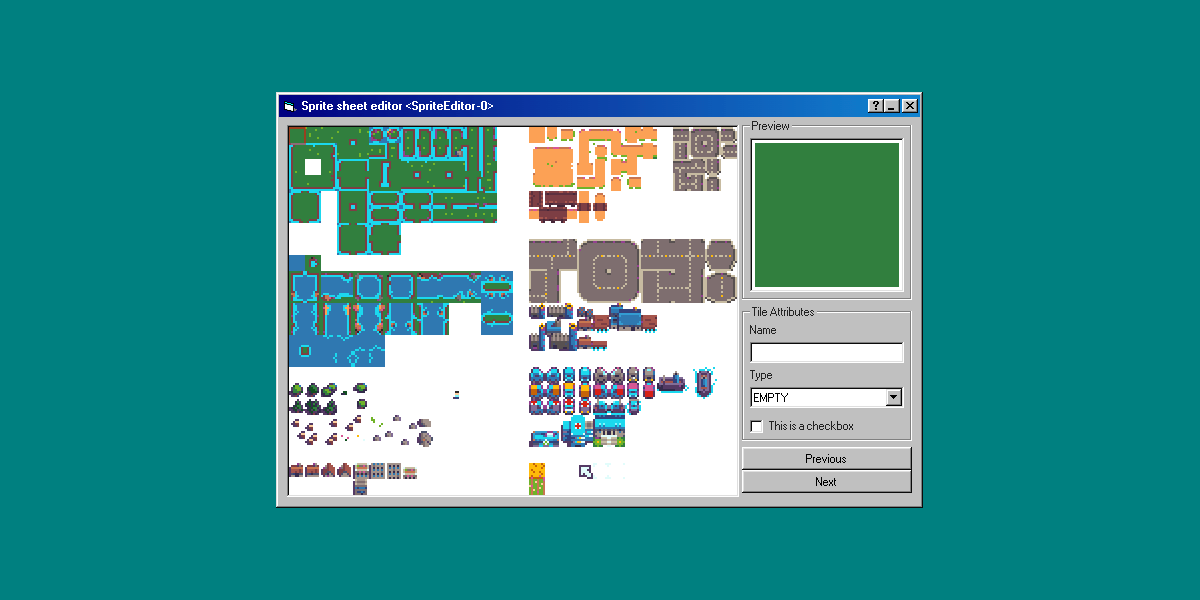 Windows98 themed window showing a tile sheet on the left and the ability to select tiles and define their properties using fields on the right